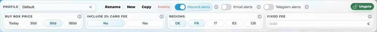 Sample Monitor toolbar with profile selector, New button, Discord alerts, Buy Box Price, Include 2% card fee, Regions and Fixed fee