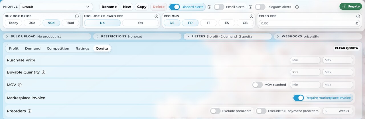 Monitor Qogita filters with Require marketplace invoice enabled and minimum buyable quantity set to 100