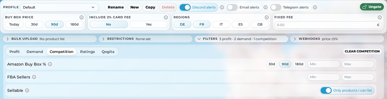 Monitor Competition filters with the Sellable switch enabled