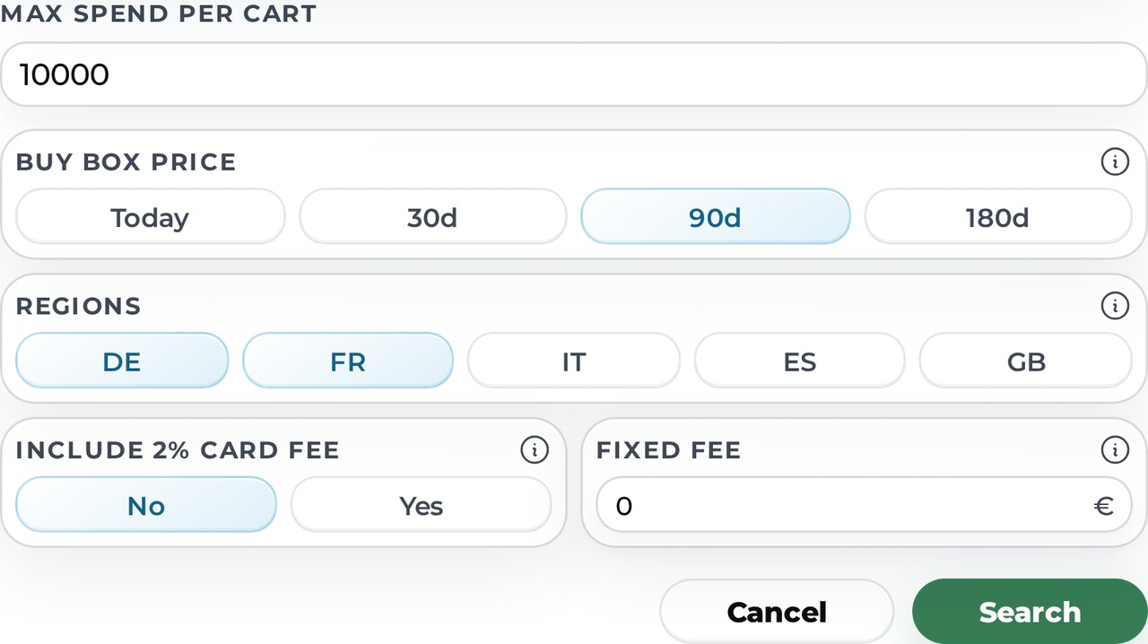 Ungate form with Max spend per cart, Regions and the Search button