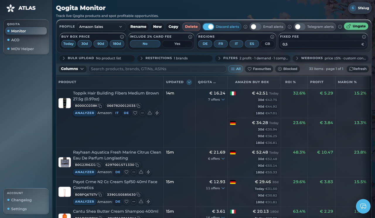 ATLAS Qogita Monitor — live product table with Amazon profit per offer