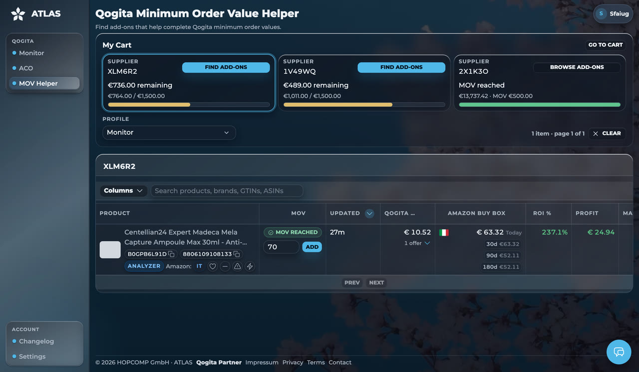 ATLAS Qogita MOV Helper — profitable add-ons that clear a supplier minimum